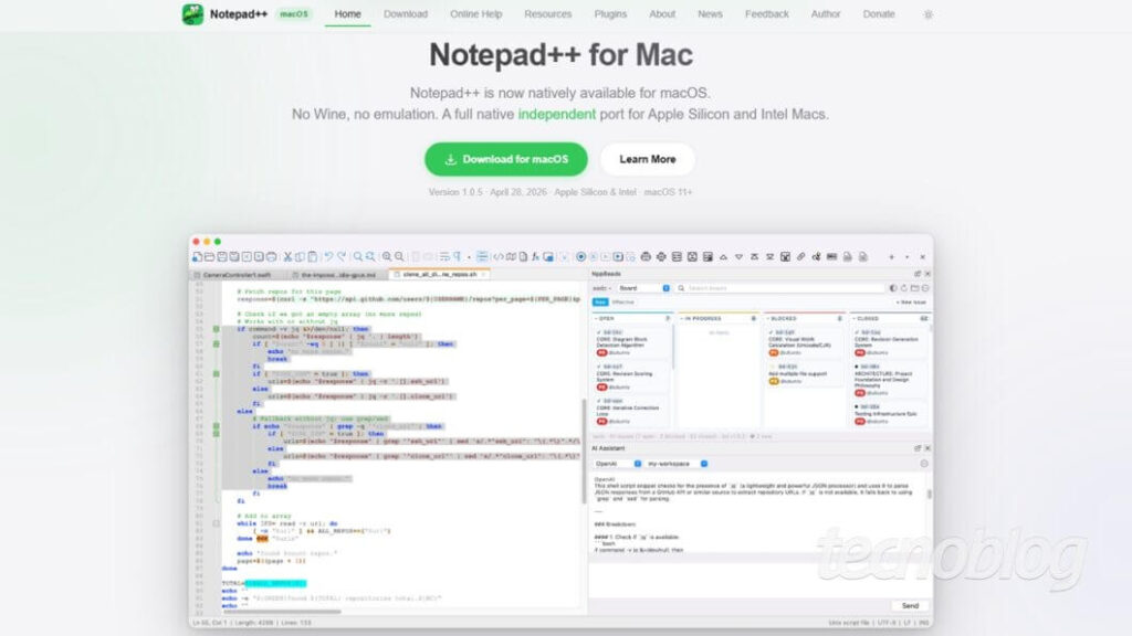 Interface da versão não oficial do Notepad++ para macOS