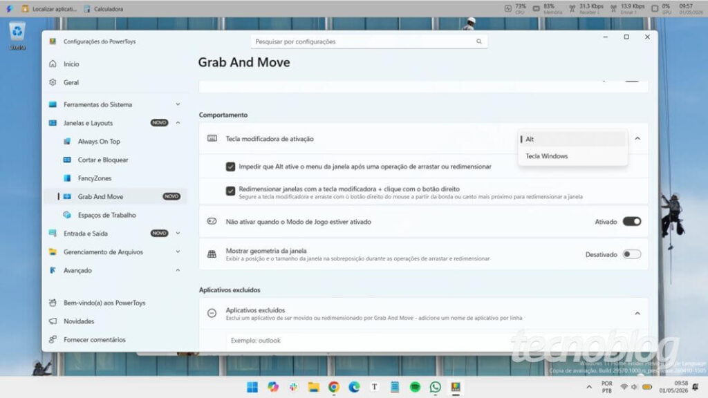 Demonstração do Grab and Move no Windows 11