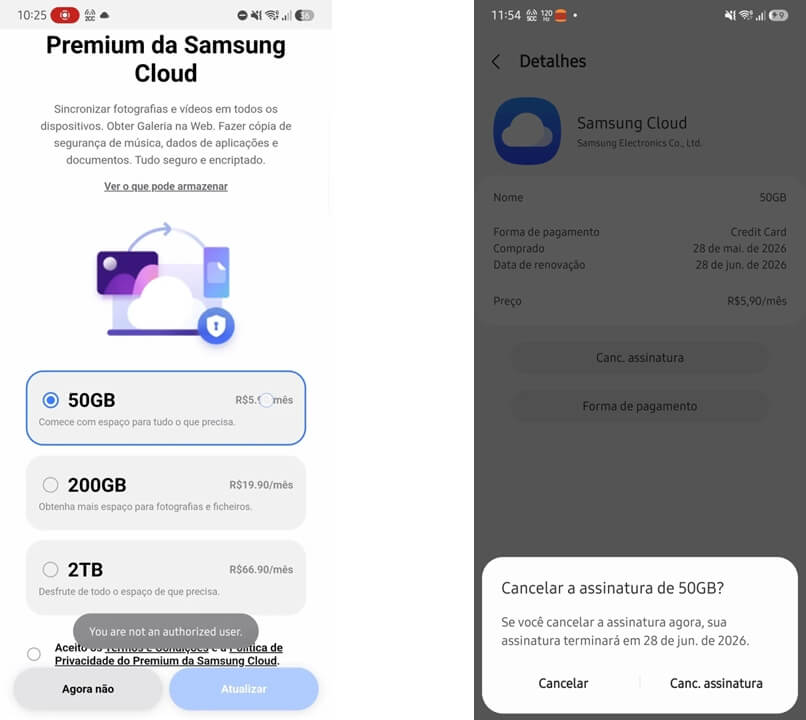 Tabela de preços do Samsung Cloud Premium com planos de 50GB, 200GB e 2TB