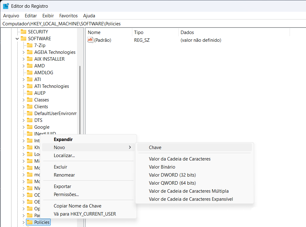 Editor de Registro do Windows aberto com chave Policies