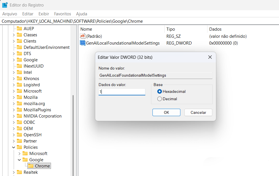 Valores DWORD do Editor de Registro do Windows indicando restrição IA