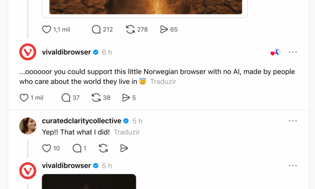Print do navegador Vivaldi ironizando o Chrome