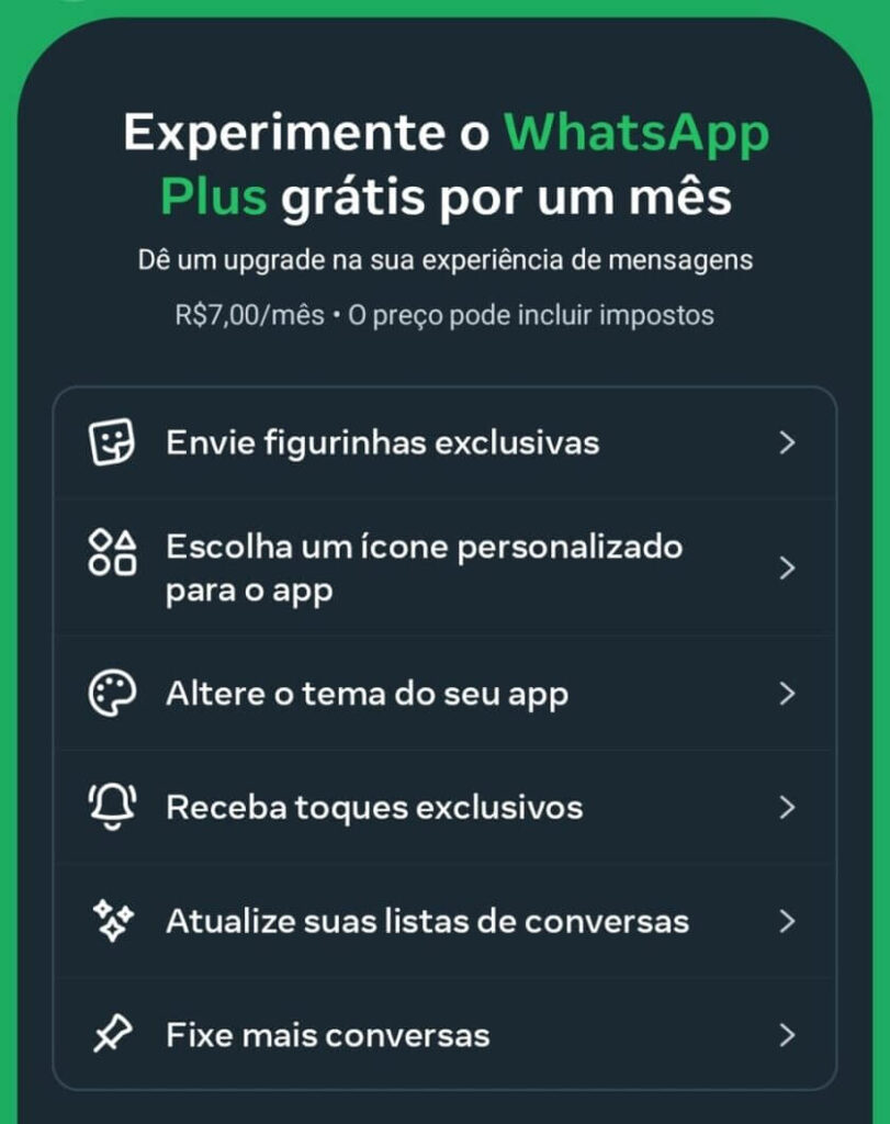 Interface do WhatsApp Plus mostrando novos temas e opções de personalização