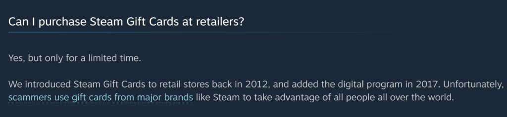 Aviso sobre golpe em cartão-presente físico Steam e resgate na Steam Wallet