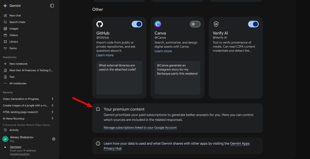 Área de apps conectados nos controles de personalização do Gemini