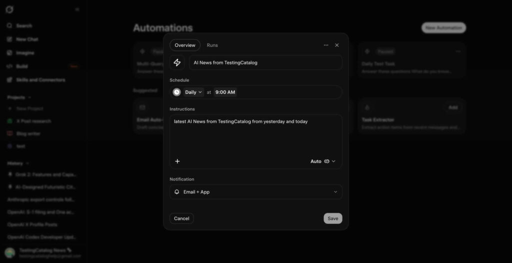 Automações do Grok: xAI prepara nova função 3 Interface das automações do Grok com opções de agendamento e Skills