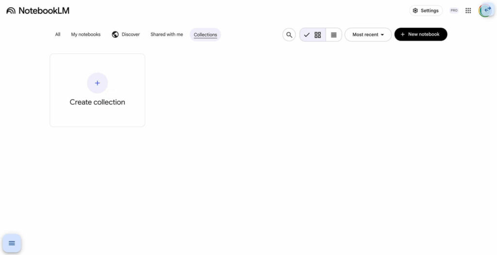 Interface do NotebookLM sugere coleções para agrupar notebooks em projetos