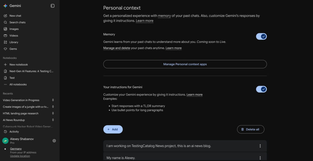 Controles de personalização do Gemini com contexto pessoal e apps conectados