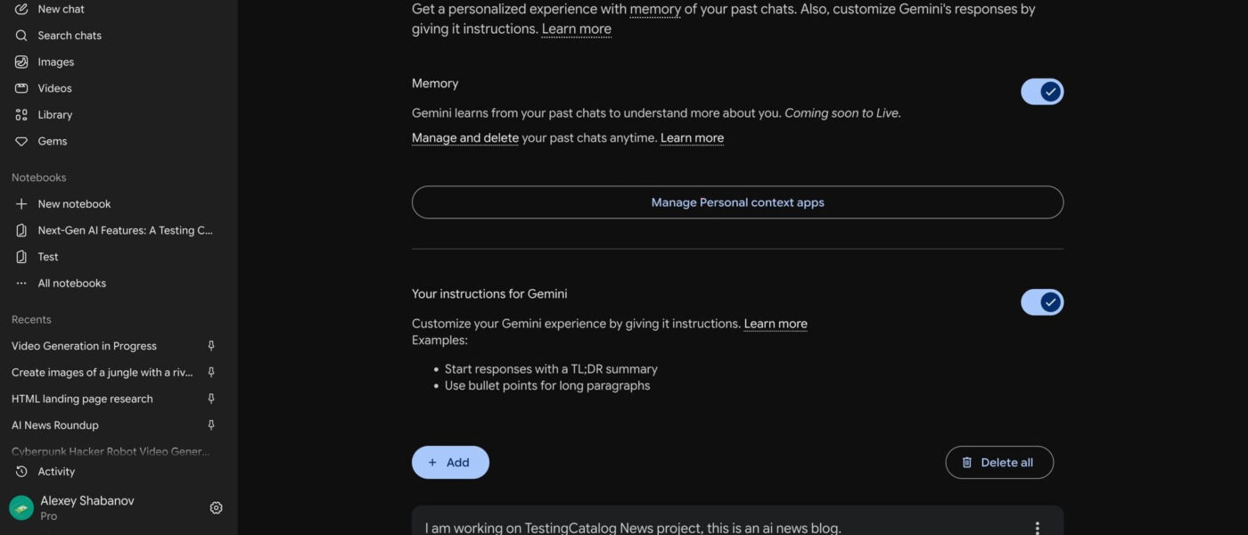 Controles de personalização do Gemini com contexto pessoal e apps conectados