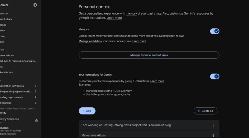 Controles de personalização do Gemini com contexto pessoal e apps conectados
