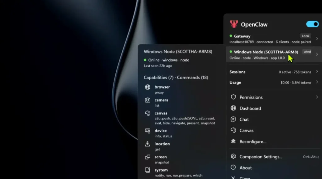 Microsoft Build 2026: IA, Copilot e novos modelos MAI 10 Interface do OpenClaw no Windows com seu painel lateral e comandos por voz apresentados durante o Microsoft Build 2026.