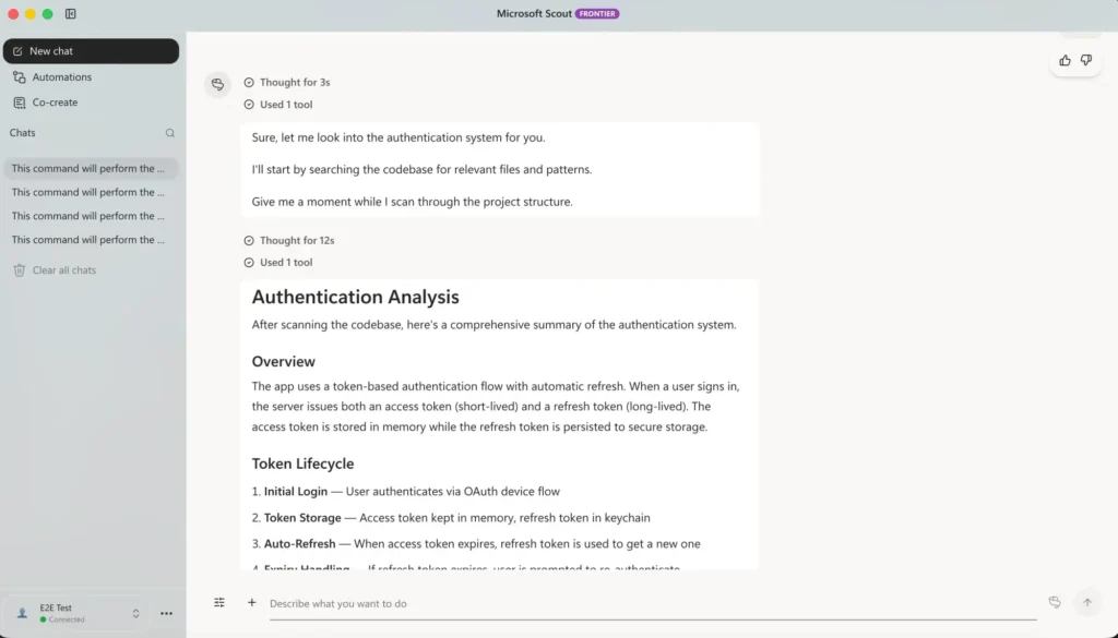 Microsoft Scout chega ao Frontier com IA ativa 4 Interface do Microsoft Scout com automações e opções de agente de IA