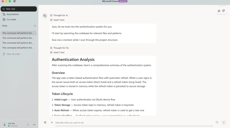 Interface do Microsoft Scout com automações e opções de agente de IA
