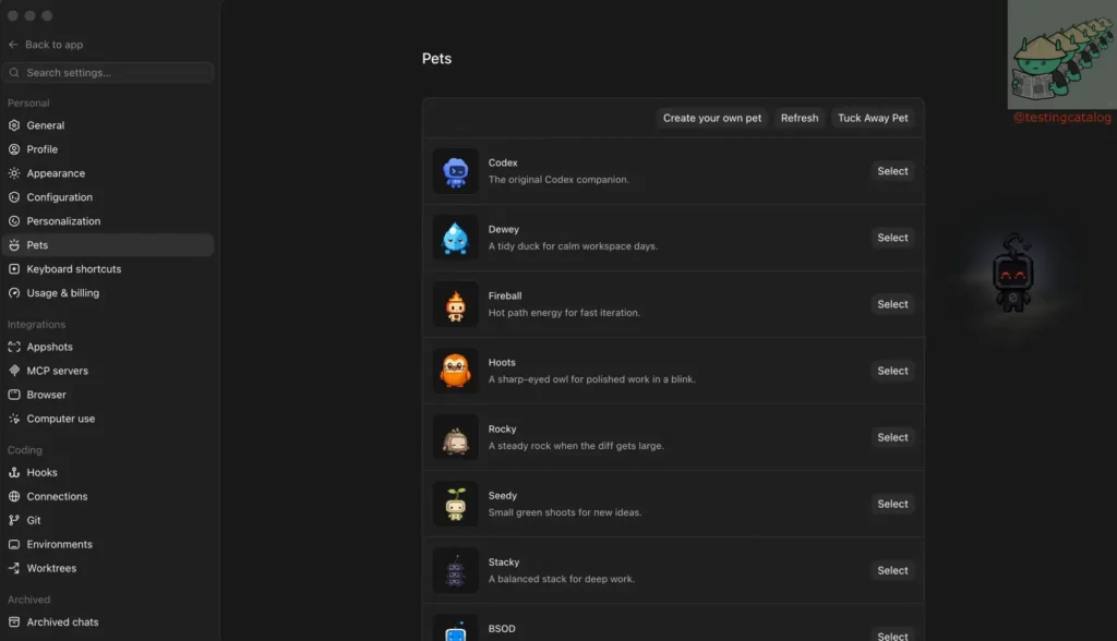 OpenAI testa voz em tempo real no Codex 4 Aba dedicada aos Pets no Codex com controles de voz