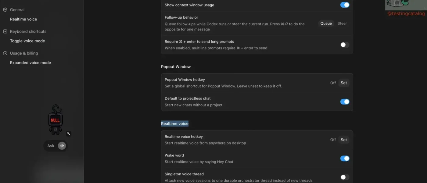 Voz em tempo real no Codex com configurações para desenvolvedores