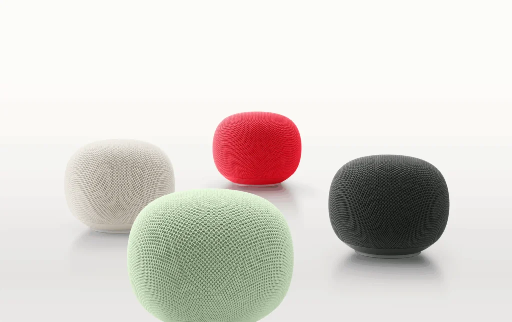 Google Home Speaker chega com Gemini e IA 3 Google Home Speaker em várias cores com luz inferior de status