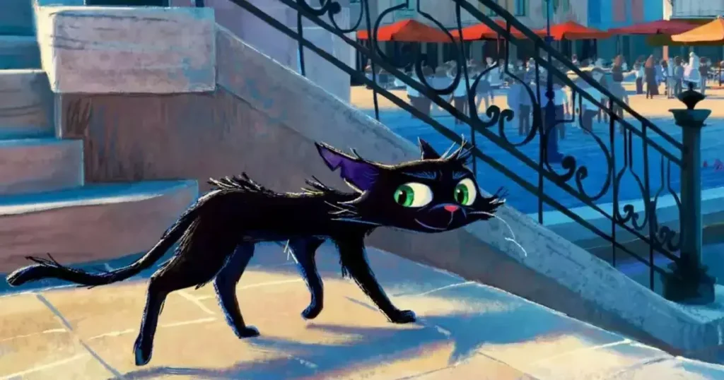 Gatto Pixar mostra Nero gato preto músico em Veneza sombria