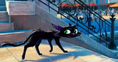 Gatto Pixar mostra Nero gato preto músico em Veneza sombria
