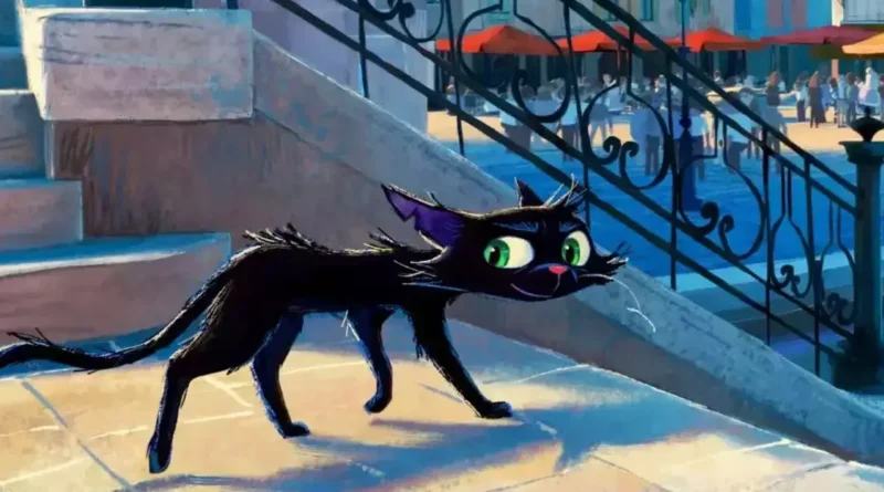 Gatto Pixar mostra Nero gato preto músico em Veneza sombria