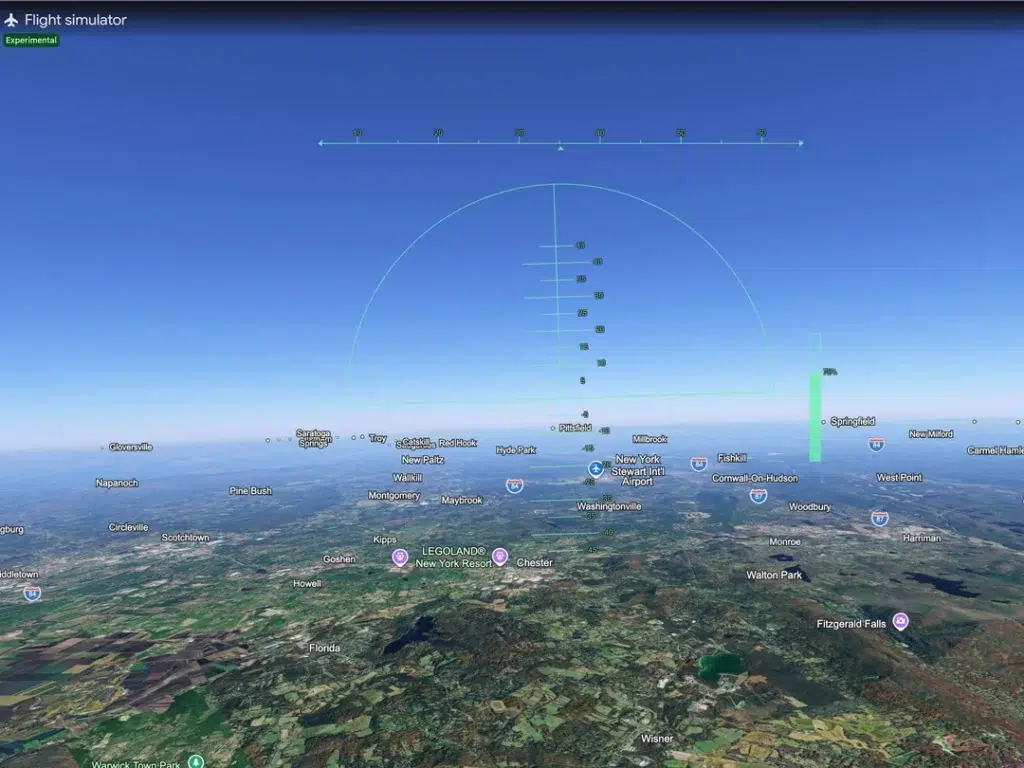 Simulador de voo do Google Earth chega à web 1 Controles do simulador de voo do Google Earth em tela com visualização aérea