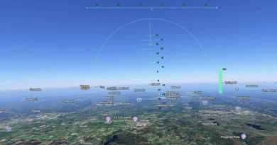 Controles do simulador de voo do Google Earth em tela com visualização aérea