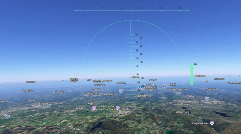 Controles do simulador de voo do Google Earth em tela com visualização aérea