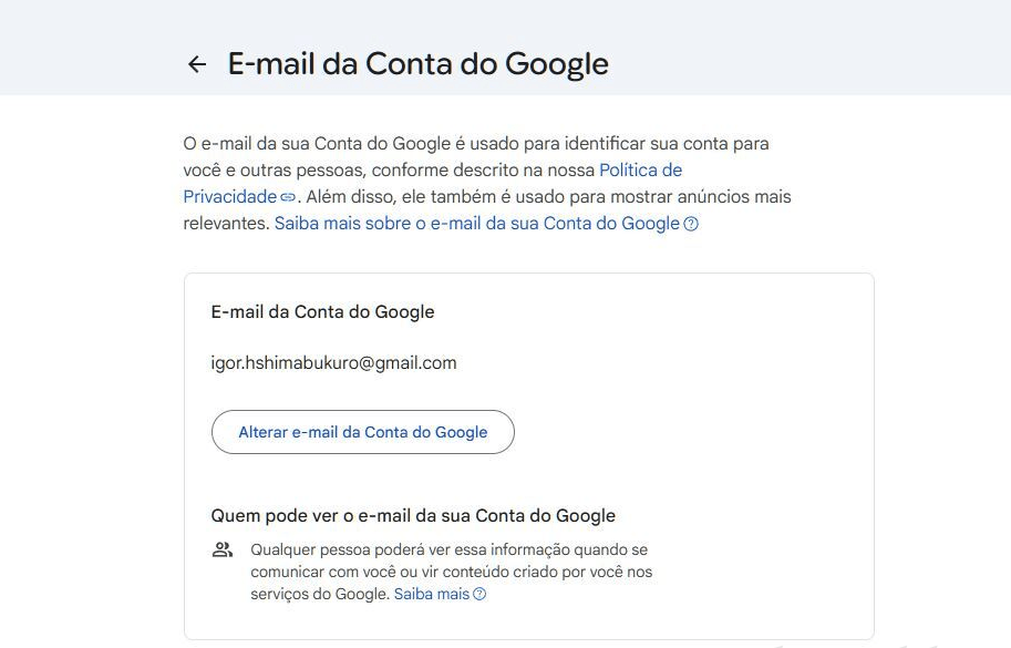 Tela informa possibilidade de alterar e-mail da Conta do Google no Gmail