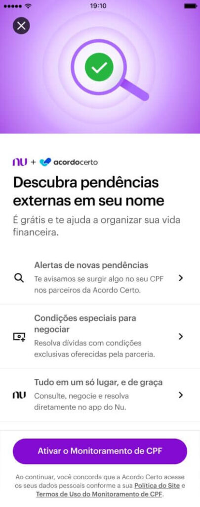 Tela do recurso Monitoramento de CPF mostrando opções de dívidas e alertas