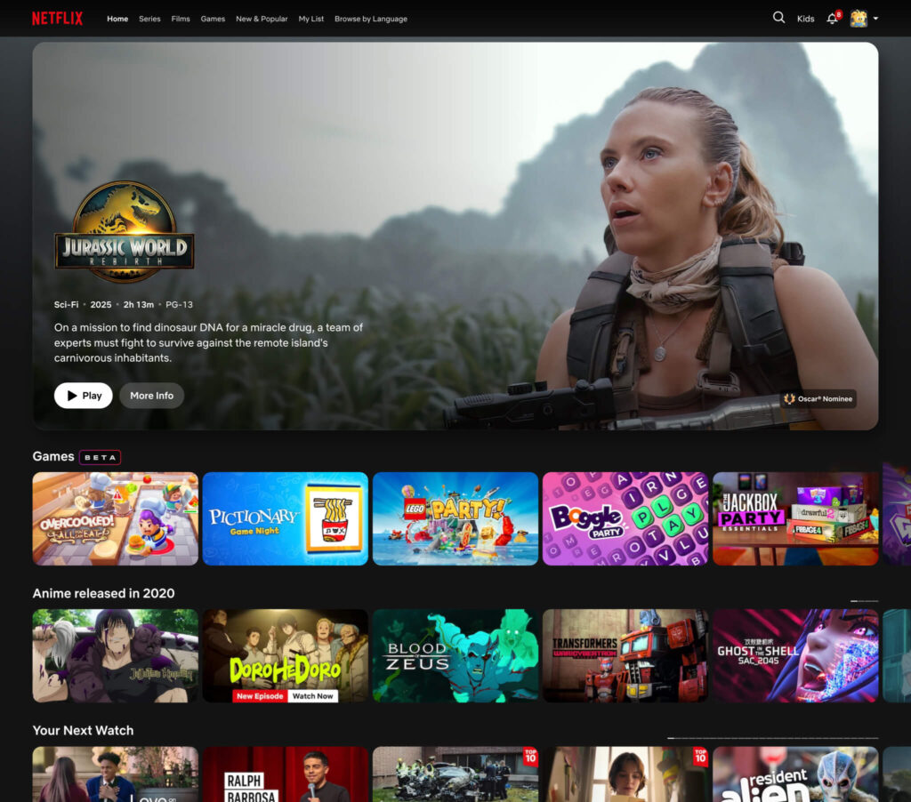 Interface web da Netflix renovada com banner de Jurassic World Rebirth e fileiras de TV