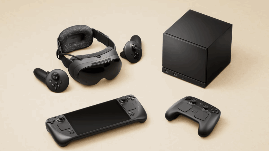 Steam Machine preço: Valve revela valores 3 Steam Machine ao lado de Steam Deck controle e headset Steam Frame