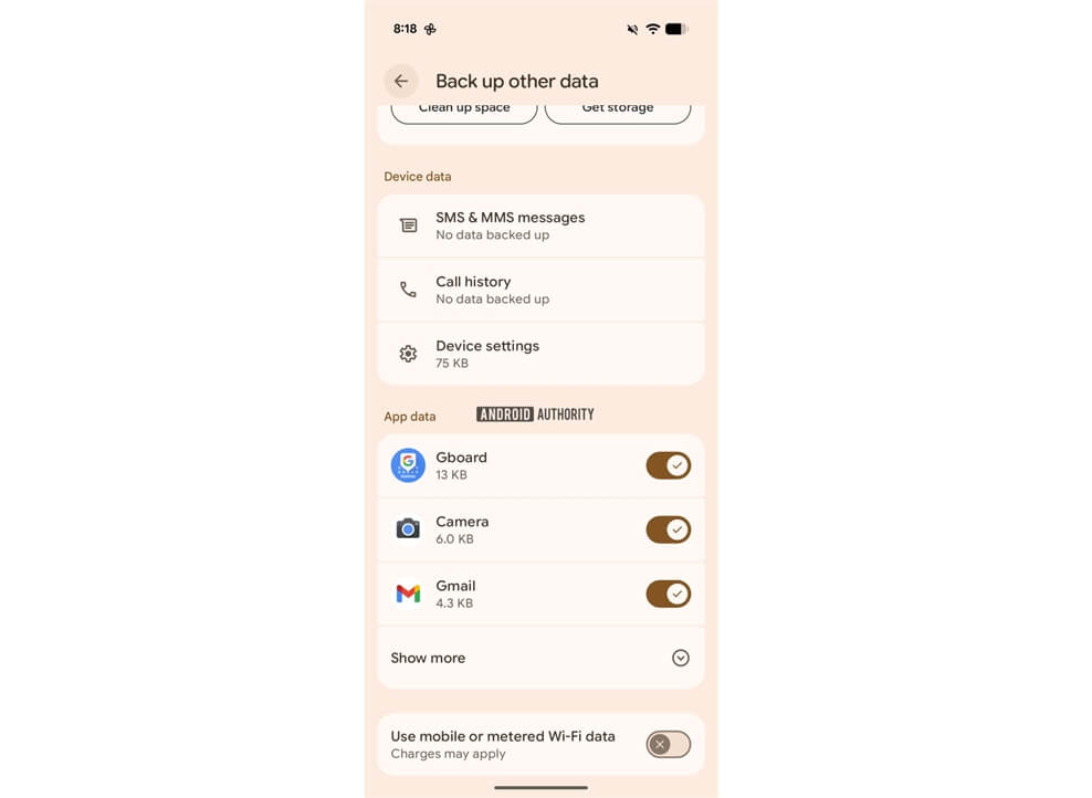Tela de seleção de aplicativos para backup no Android beta