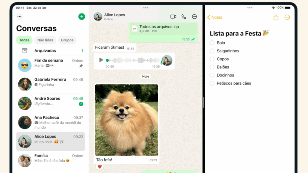 WhatsApp no iPad em tela dividida com conversas e app Notas no iPadOS