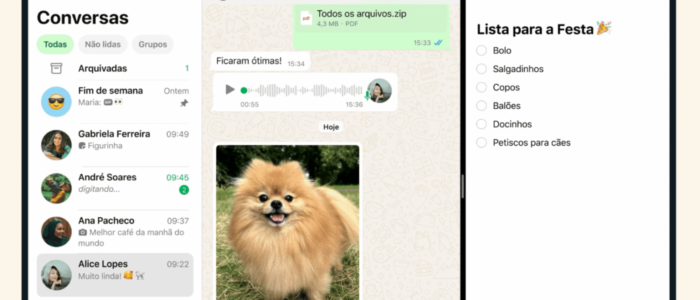 WhatsApp no iPad em tela dividida com conversas e app Notas no iPadOS