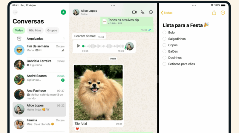WhatsApp no iPad em tela dividida com conversas e app Notas no iPadOS