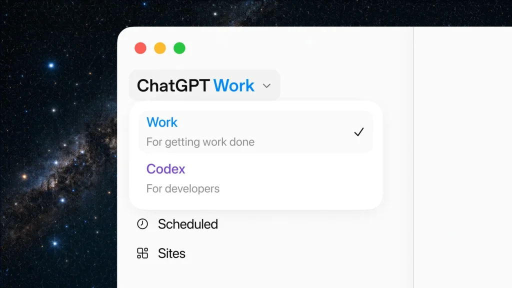 ChatGPT Trabalho no app desktop com Codex, tarefas agendadas e Sites