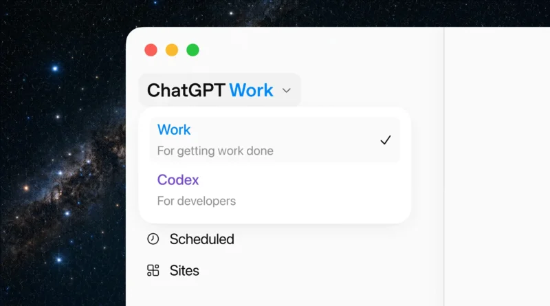 ChatGPT Trabalho no app desktop com Codex, tarefas agendadas e Sites