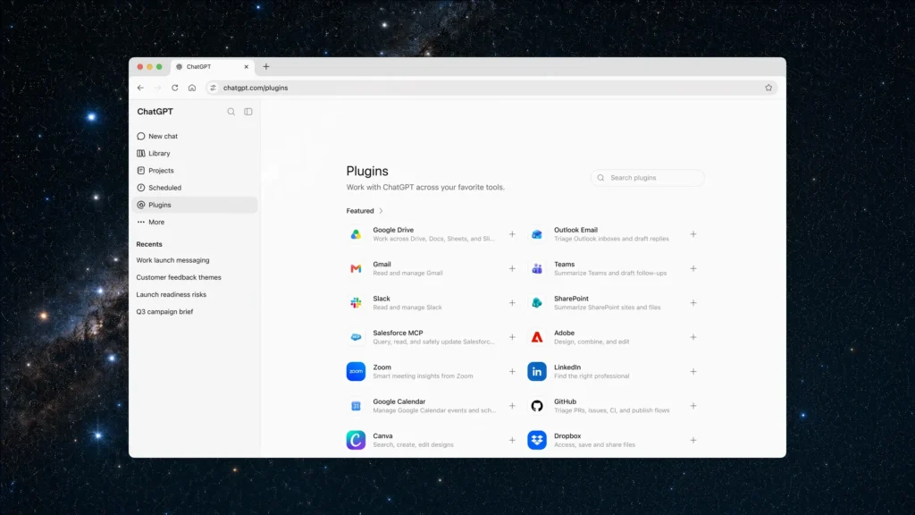 ChatGPT Trabalho chega com GPT-5.6 e desktop 4 Diretório de plugins do ChatGPT com Drive Slack Teams e Salesforce