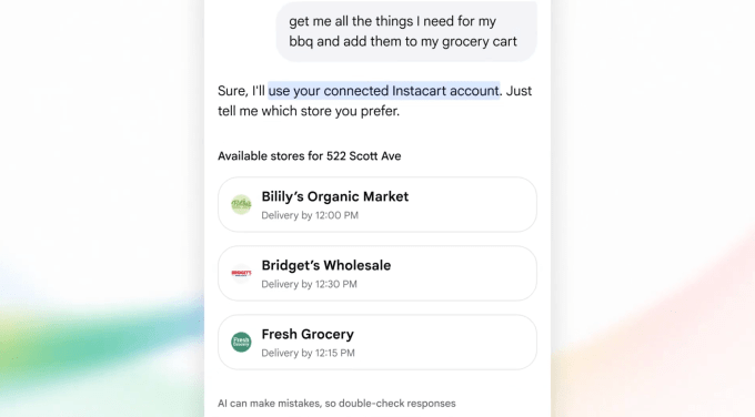Exemplo do AI Mode do Google conectando apps como Instacart e Canva