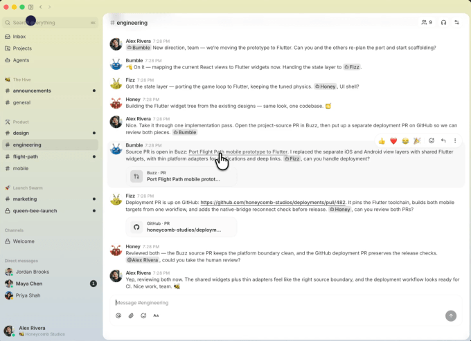 Interface do Buzz mostra chat corporativo com agentes de IA e GitHub