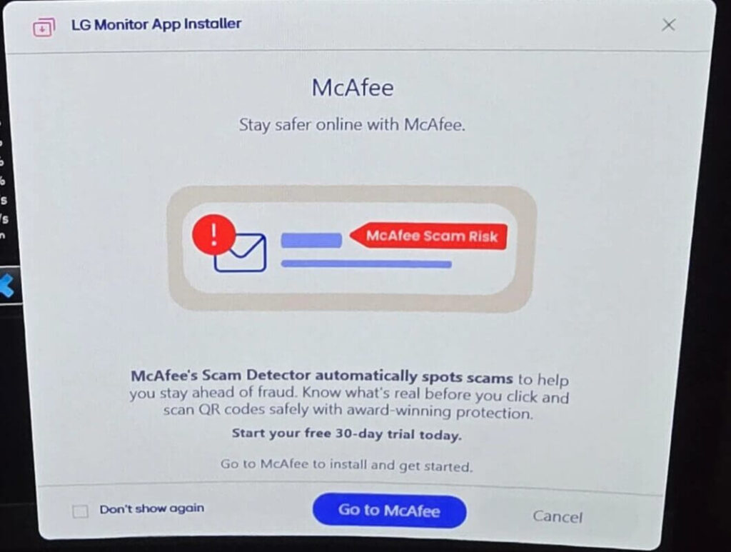 Pop-up da McAfee exibido por aplicativo de monitor LG no Windows