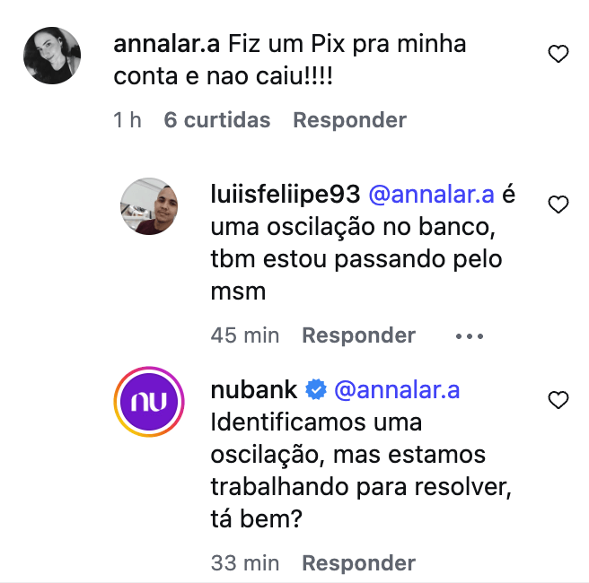 Instabilidade no Pix afeta Itaú e Nubank 3 Resposta do Nubank no Instagram sobre instabilidade no Pix e correção