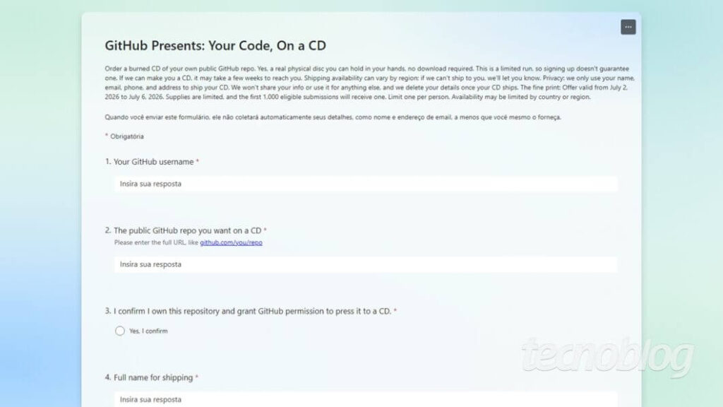 Formulário do GitHub CD-ROM para solicitar repositório em mídia física