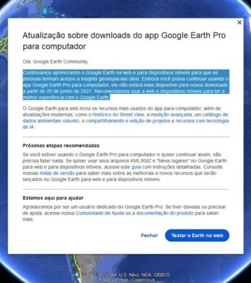 Google Earth Pro terá downloads encerrados 3 google earth pro aviso fim download 1060x596 1 1024x576 1