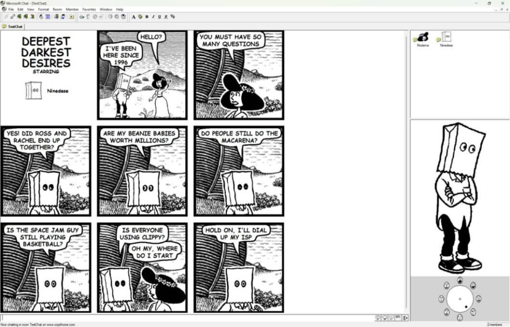 Microsoft Comic Chat vira open source no GitHub 3 Cliente IRC Comic Chat com personagens, balões de fala e cenário