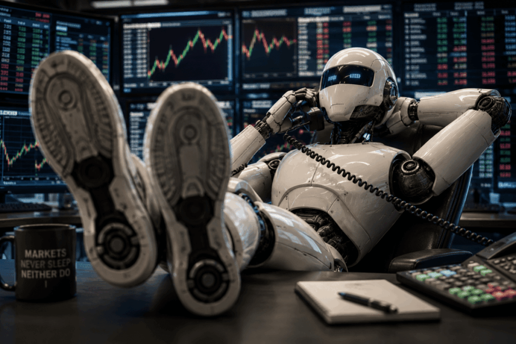 Demissões por IA atingem Monday.com e big techs 1 Demissões por IA em big techs com robô trabalhando em escritório