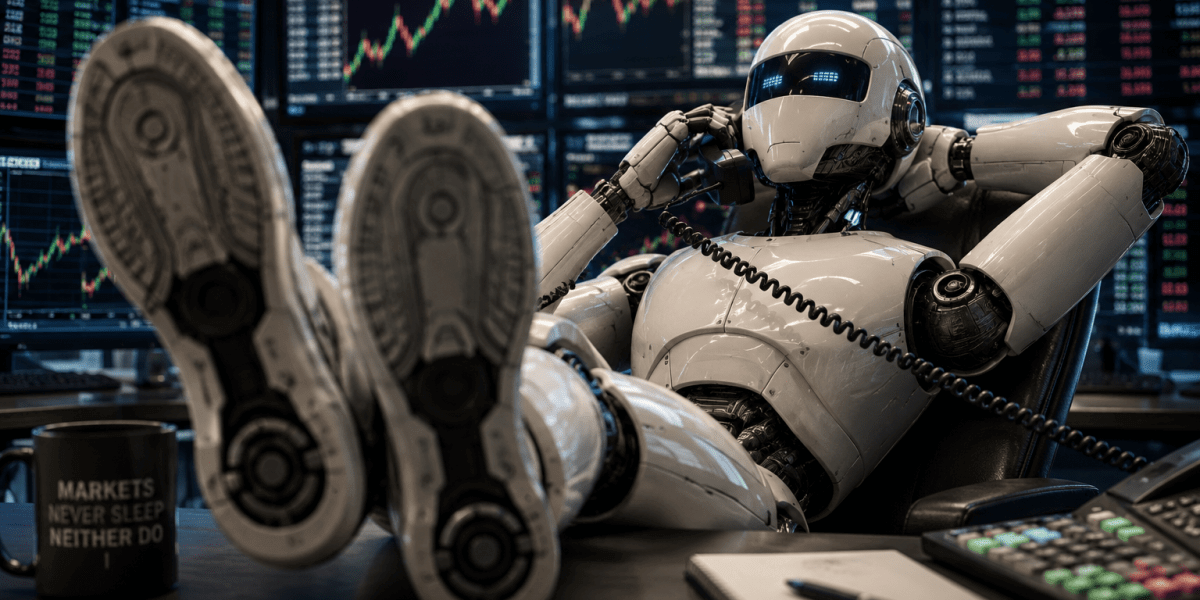 Demissões por IA em big techs com robô trabalhando em escritório