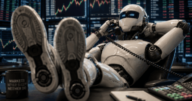 Demissões por IA em big techs com robô trabalhando em escritório