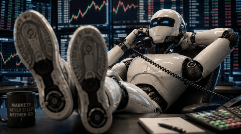 Demissões por IA em big techs com robô trabalhando em escritório