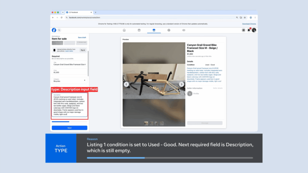 Muse Spark 1.1 automatizando navegador e extraindo dados de vídeo