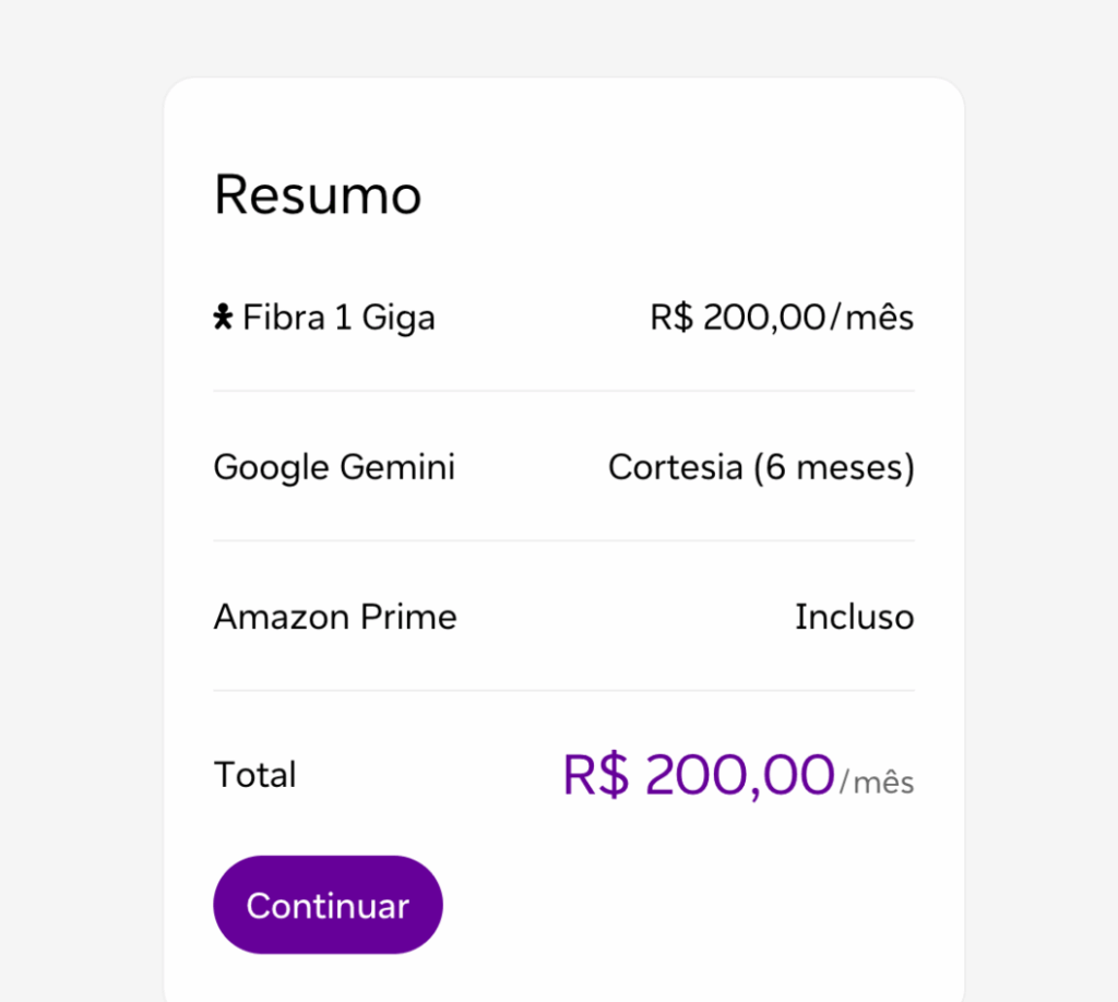 Página do Vivo Fibra 1 Giga mostra plano por R$ 200